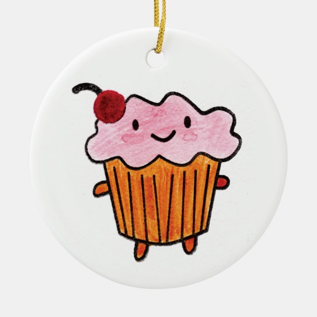 Ornamento De Cerâmica Cupcake feliz (Frente)