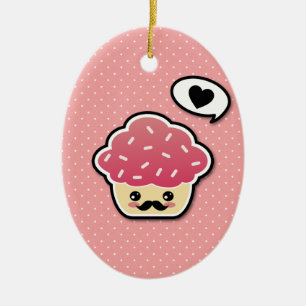 Ornamento De Cerâmica Cupcake Rosa Kawaii com bigode