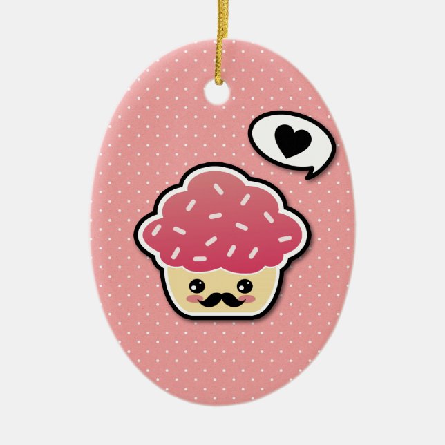 Ornamento De Cerâmica Cupcake Rosa Kawaii com bigode (Frente)