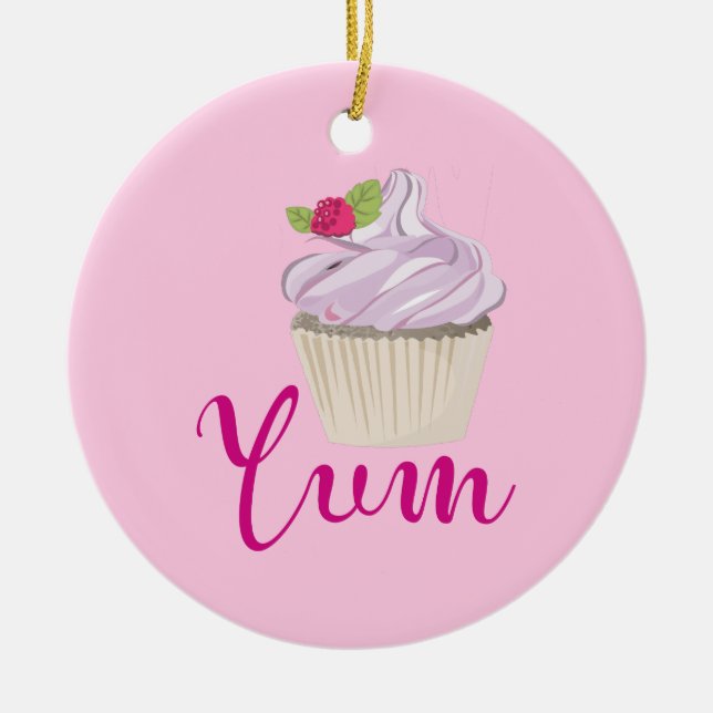 Ornamento De Cerâmica Cupcake Rosa Sonhento com Yum Framboesa! (Frente)