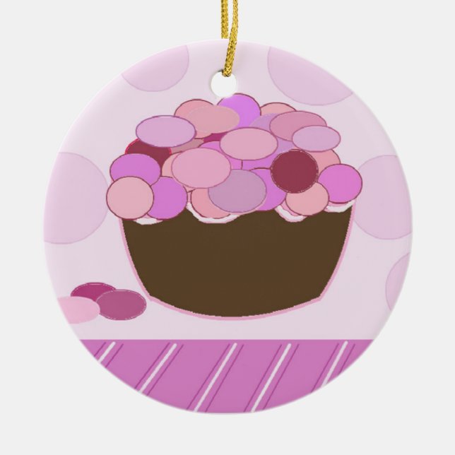 Ornamento De Cerâmica Cupcake Smartie Rosa e Roxo (Frente)