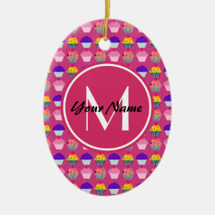 Ornamento De Cerâmica Cupcakes Rosa Monogramados, Nome Personalizado