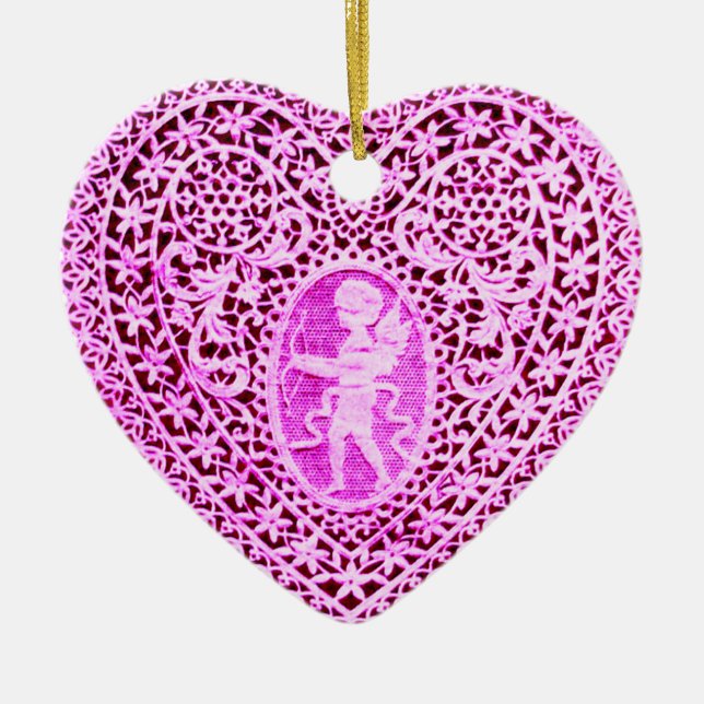 Ornamento De Cerâmica CUPID LACE HEART,roxo rosa (Frente)