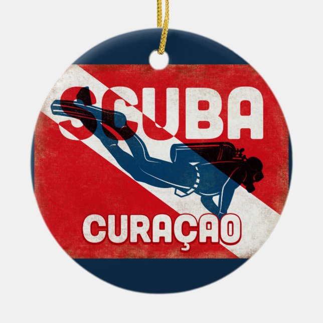 Ornamento De Cerâmica Curaçao Scuba Diver - Retro Azul (Frente)