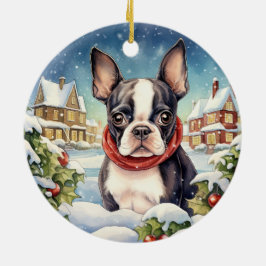 Ornamento De Cerâmica Curioso inverno Natal de Boston Terrier