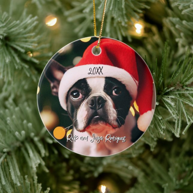 Ornamento De Cerâmica Custa Boston Terrier Puppy com Santa Hat (Árvore)