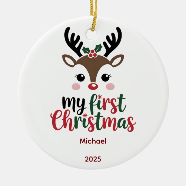 Ornamento De Cerâmica Custom Babys First Christmas Bauble, Baby 2025 (Frente)