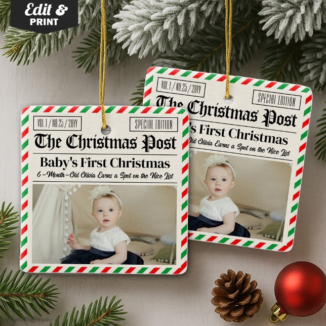 Ornamento De Cerâmica Custom Baby's First Christmas Newspaper (Custom Baby's First Christmas Newspaper Ceramic Ornament)