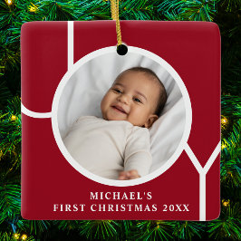 Ornamento De Cerâmica Custom Baby's First Christmas Photo Red