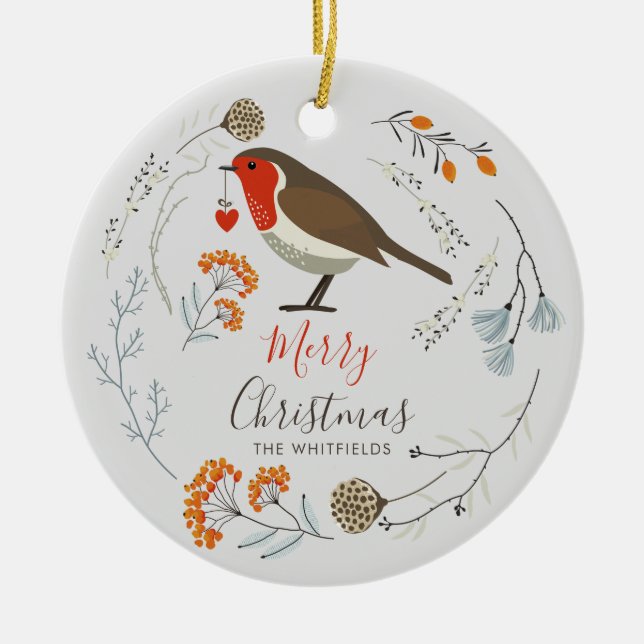 Ornamento De Cerâmica Custom Botanical Robin Bird Botanical Christmas (Frente)