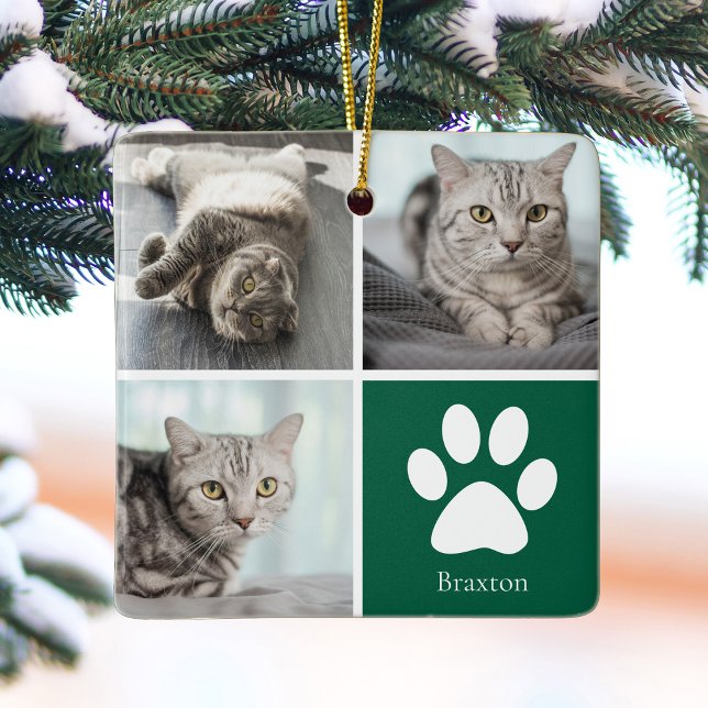 Ornamento De Cerâmica Custom Cat Photo Collage Cute Green Christmas (Criador carregado)