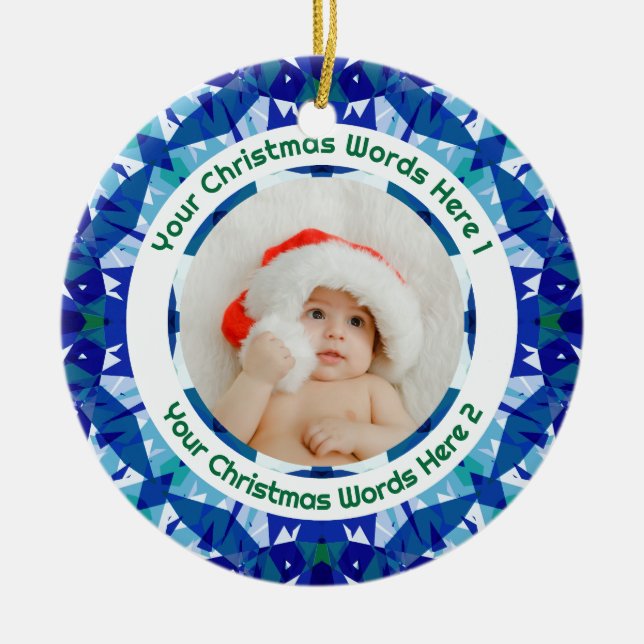 Ornamento De Cerâmica Custom Christmas Blue Green Family Photo Gift (Frente)