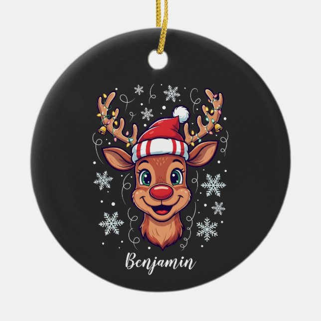 Ornamento De Cerâmica Custom Christmas Cheer Cute Reindeer in Hat  (Frente)