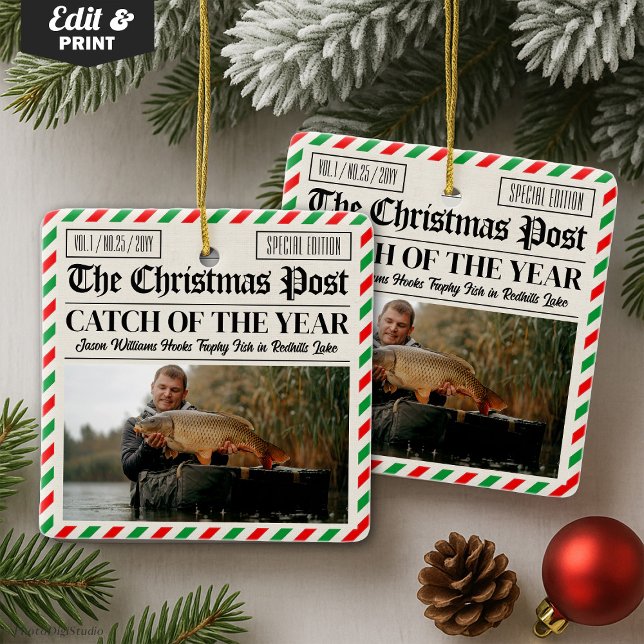 Ornamento De Cerâmica Custom Christmas Fishing Gift, Newspaper Fisherman (Custom Christmas Newspaper Decor, Photo Fisherman Ceramic Ornament)