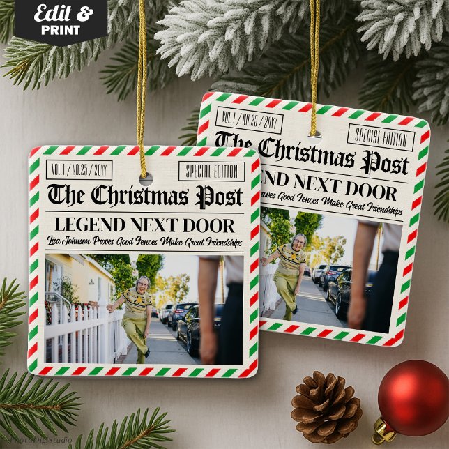 Ornamento De Cerâmica Custom Christmas Gift for Neighbour Fun Newspaper (Custom Christmas Gift for Neighbour Fun Newspaper Ceramic Ornament)