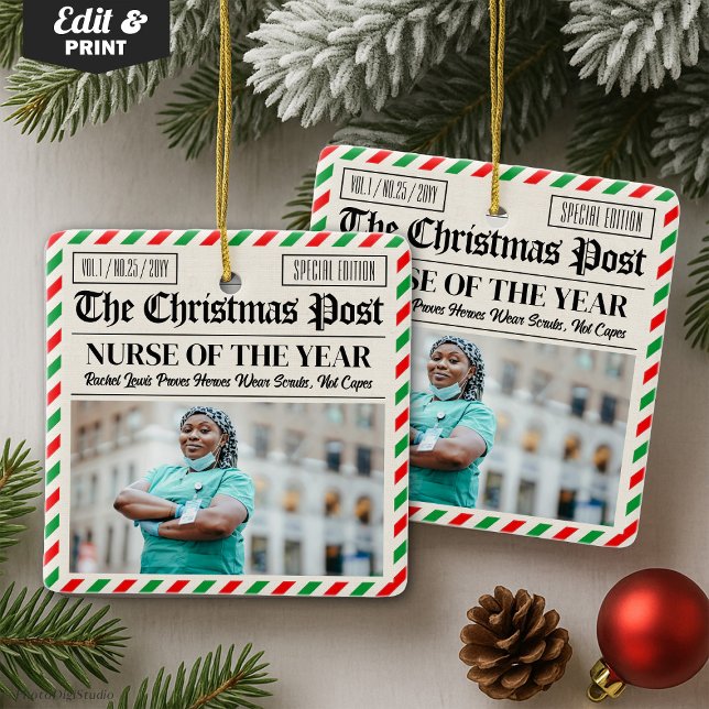Ornamento De Cerâmica Custom Christmas Gift for Nurse, Nurse Newspaper (Custom Christmas Gift for Nurse, Nurse Newspaper Ceramic Ornament)