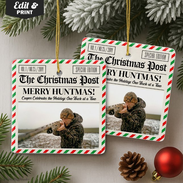 Ornamento De Cerâmica Custom Christmas Hunter Gift Newspaper Outdoorsman (Custom Christmas Hunter Gift Newspaper Outdoorsman Ceramic Ornament)