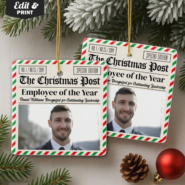 Ornamento De Cerâmica Custom Christmas Newspaper Coworker Employee Gift (Custom Christmas Newspaper Coworker Employee Gift Ceramic Ornament)