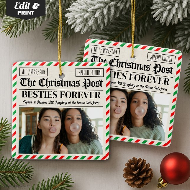 Ornamento De Cerâmica Custom Christmas Newspaper Friend Gift for Besties (Custom Christmas Newspaper Friend Gift for Besties Ceramic Ornament)