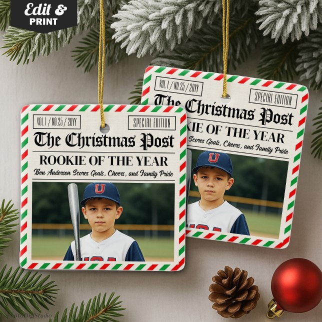 Ornamento De Cerâmica Custom Christmas Newspaper Rookie of the Year (Custom Christmas Newspaper Rookie of the Year Ceramic Ornament)