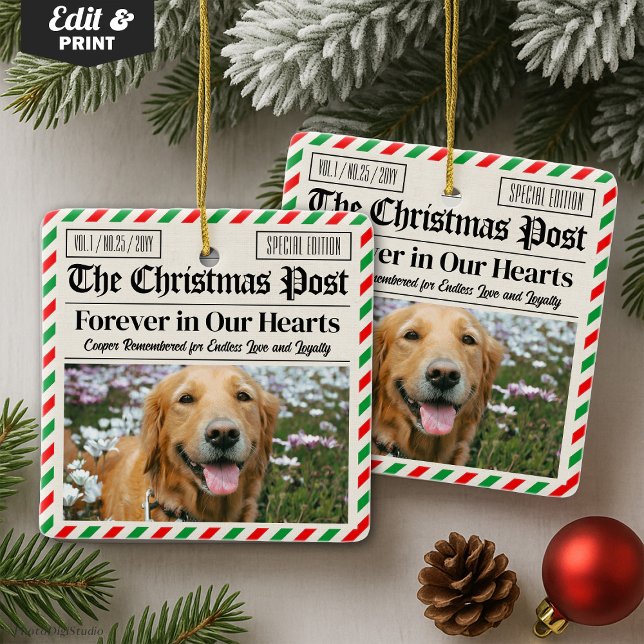 Ornamento De Cerâmica Custom Christmas Pet Loss Newspaper, Dog Memorial  (Custom Christmas Pet Loss Newspaper, Dog Memorial Ceramic Ornament)