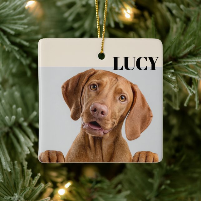 Ornamento De Cerâmica Custom Christmas Photo Ornament Dog & Name (Árvore)