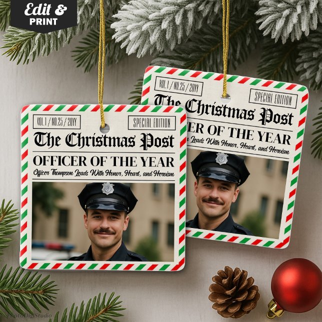 Ornamento De Cerâmica Custom Christmas Police Gift for Officer Newspaper (Custom Christmas Police Gift for Officer Newspaper Ceramic Ornament)