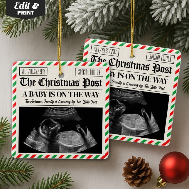 Ornamento De Cerâmica Custom Christmas Pregnancy Announcement Newspaper (Custom Christmas Pregnancy Announcement Newspaper Ceramic Ornament)