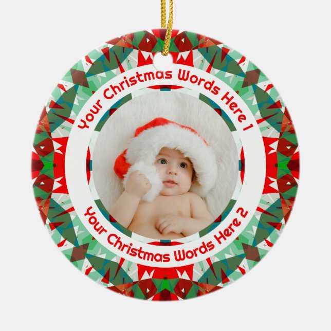 Ornamento De Cerâmica Custom Christmas Red Green Family Photo Gift (Frente)