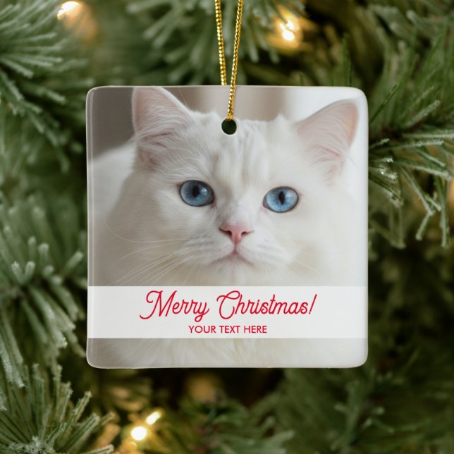 Ornamento De Cerâmica Custom Christmas tree ornament with white cat pic (Árvore)