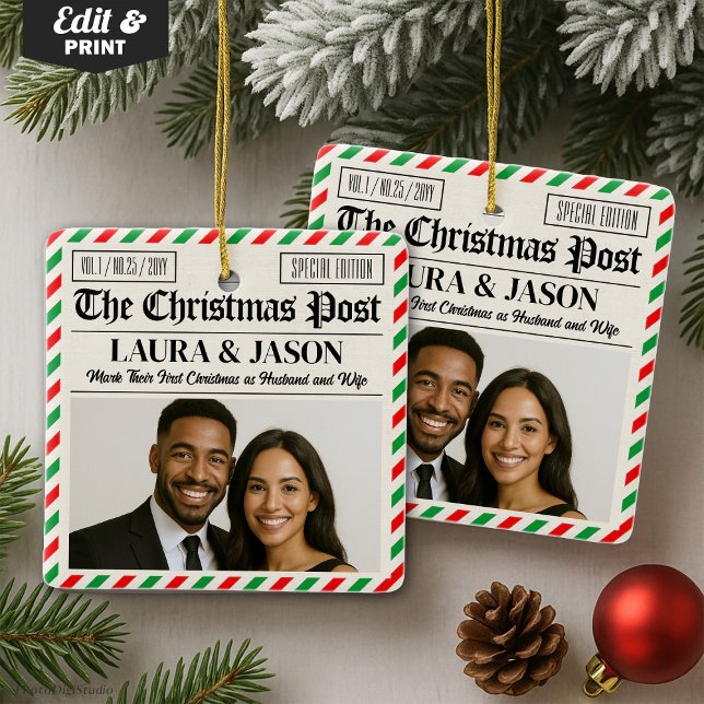 Ornamento De Cerâmica Custom Couple Gift Our First Christmas Newspaper (Custom Couple Gift Our First Christmas Newspaper Ceramic Ornament)
