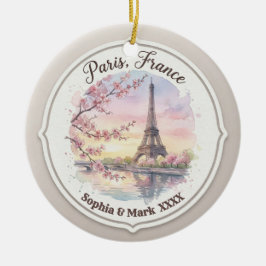 Ornamento De Cerâmica Custom Couple's Paris & Cherry Blossom Keepsake