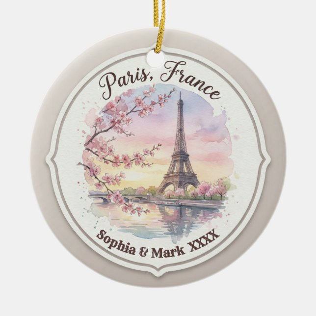 Ornamento De Cerâmica Custom Couple's Paris & Cherry Blossom Keepsake (Frente)