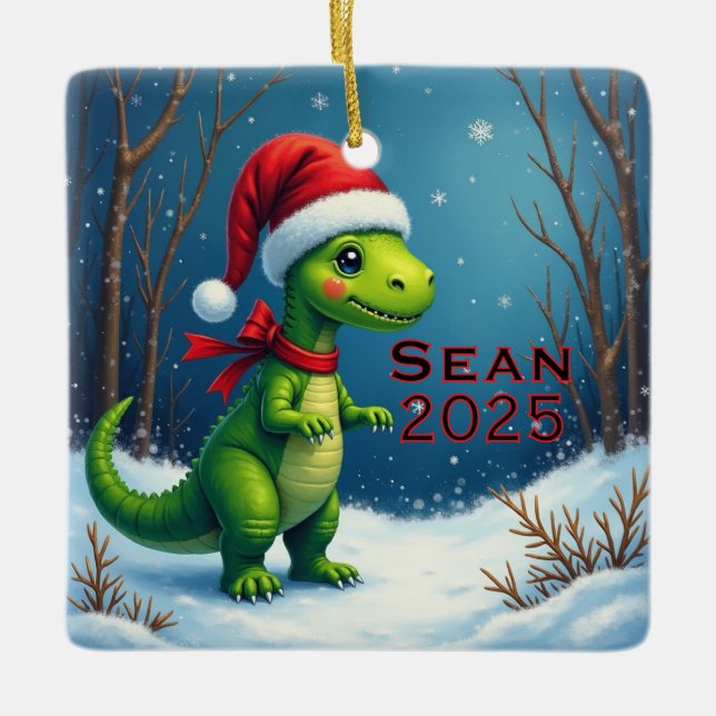 Ornamento De Cerâmica Custom Dinosaur Red Bow (Frente)