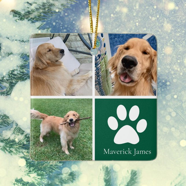 Ornamento De Cerâmica Custom Dog Photo Collage Cute Green Pet Christmas (Criador carregado)