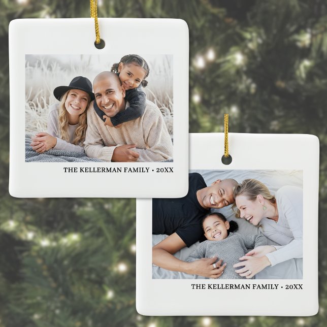 Ornamento De Cerâmica Custom Double Sided Family Two Photo Christmas (Custom Double Sided Family Two Photo Christmas Ceramic Ornament)
