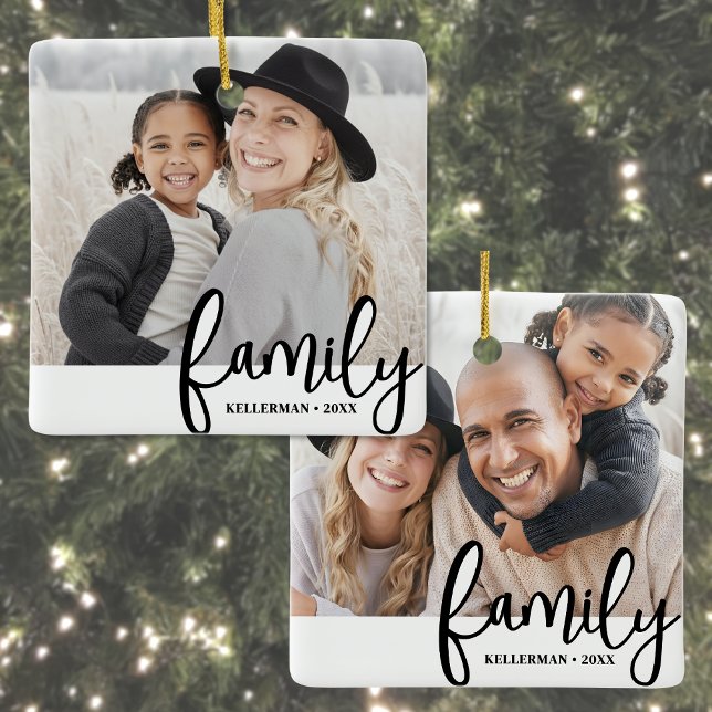 Ornamento De Cerâmica Custom Double Sided Family Two Photo Christmas (Custom Double Sided Family Two Photo Christmas Ceramic Ornament)