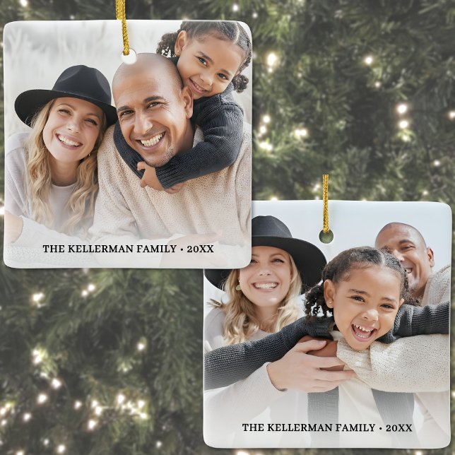 Ornamento De Cerâmica Custom Double Sided Family Two Photo Christmas (Custom Double Sided Family Two Photo Christmas Ceramic Ornament)