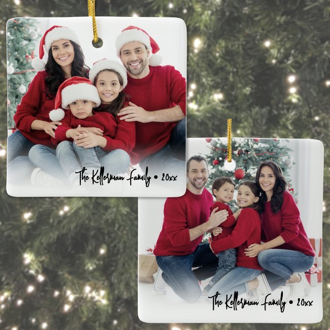 Ornamento De Cerâmica Custom Double Sided Family Two Photo Christmas (Custom Double Sided Family Two Photo Christmas Ceramic Ornament)