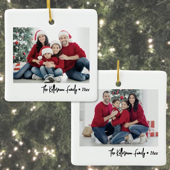 Ornamento De Cerâmica Custom Double Sided Family Two Photo Christmas (Custom Double Sided Family Two Photo Christmas Ceramic Ornament)