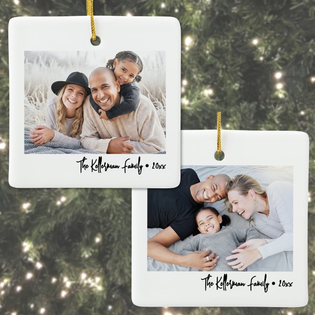 Ornamento De Cerâmica Custom Double Sided Family Two Photo Christmas (Custom Double Sided Family Two Photo Christmas Ceramic Ornament)