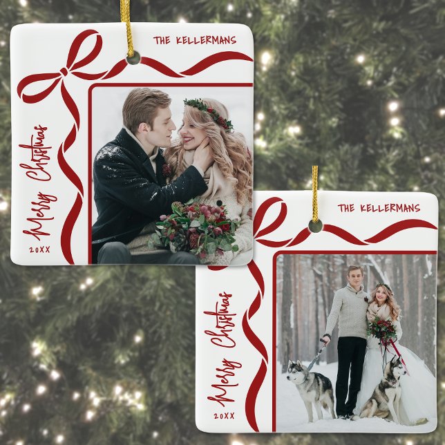 Ornamento De Cerâmica Custom Double Sided Family Two Photo Christmas (Custom Double Sided Family Two Photo Christmas Ceramic Ornament)