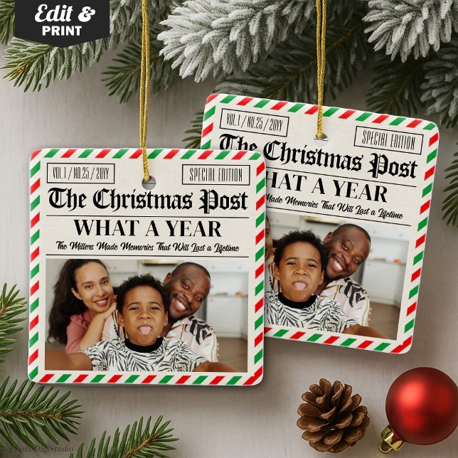 Ornamento De Cerâmica Custom Family Christmas Newspaper What a Year (Custom Family Christmas Newspaper What a Year Ceramic Ornament)
