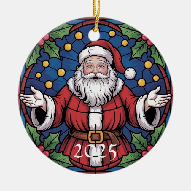 Ornamento De Cerâmica Custom Festive Santa Stained Glass Artwork  (Frente)