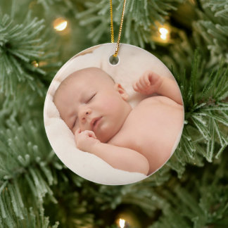 Ornamento De Cerâmica Custom First Christmas With Birth Stats 1 Photo