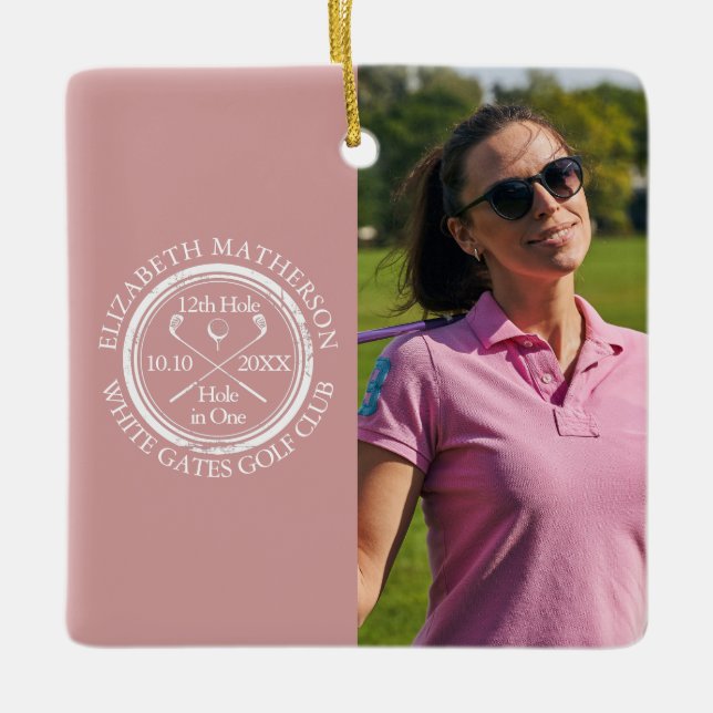 Ornamento De Cerâmica Custom Golf Hole in One Photo Golfer Pink (Frente)