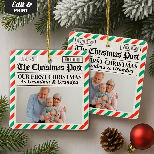 Ornamento De Cerâmica Custom Grandparents Our First Christmas Newspaper (Custom Grandparents Our First Christmas Newspaper Ceramic Ornament)