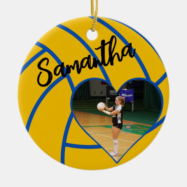 Ornamento De Cerâmica Custom Heart Photo Senior Volleyball Player (Frente)