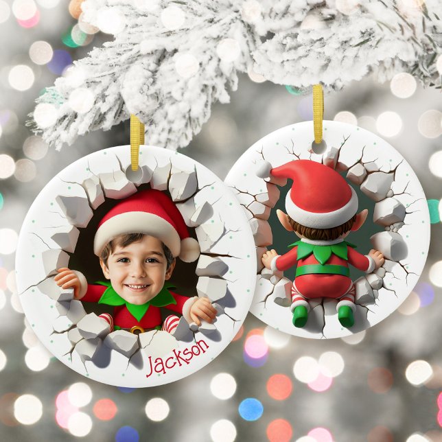Ornamento De Cerâmica Custom Kids Face Photo Funny Christmas Elf Name (Funny custom kids face photo crashing Christmas elf personalized name keepsake holiday ornament gift)