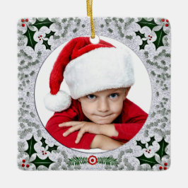 Ornamento De Cerâmica Custom Kids Photo Vintage Holly Square Frame